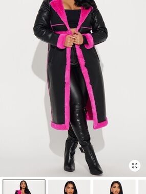 Fashion Nova Convertible Black Trench Coat with Hot Pink Fur Trim